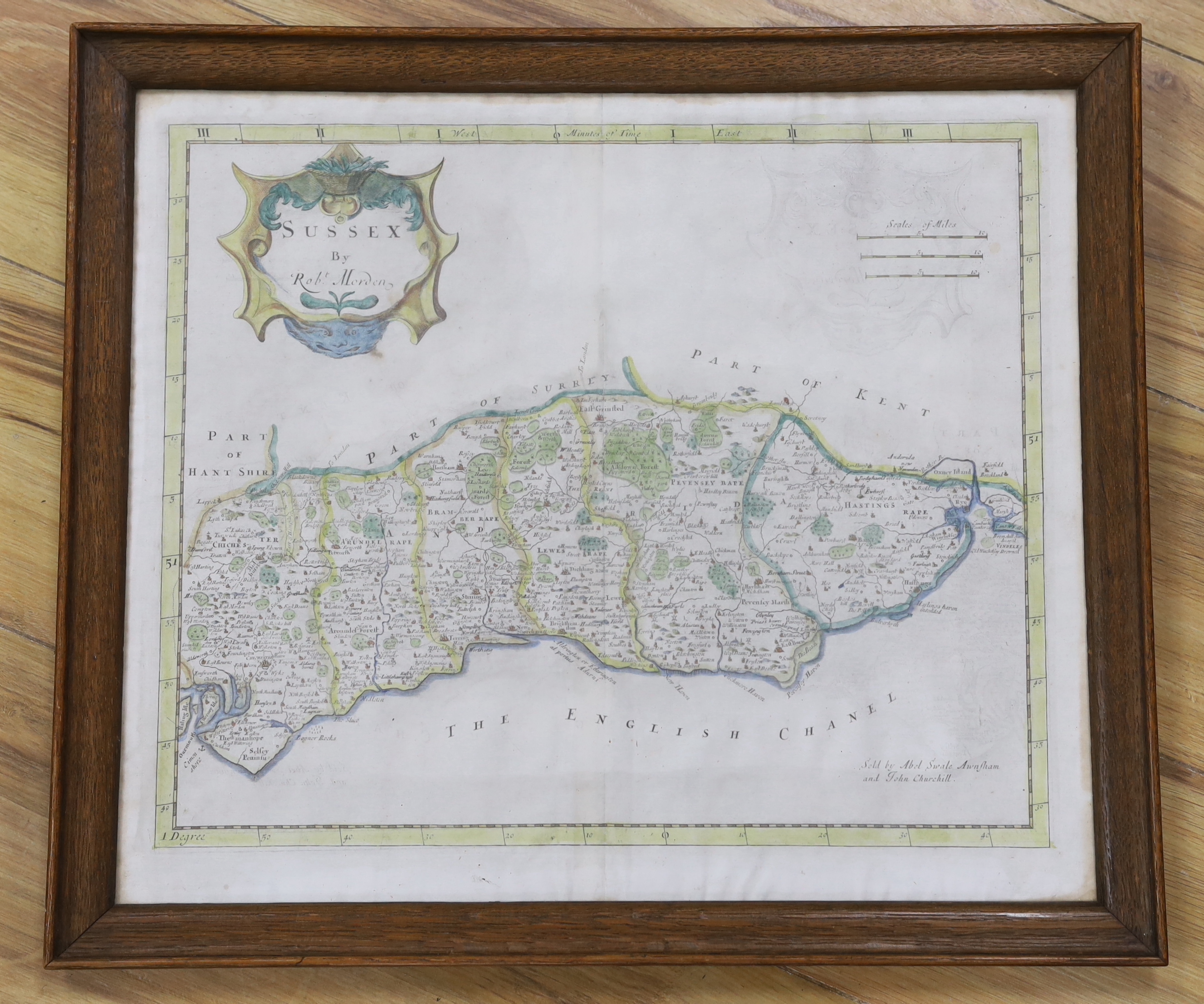 Robert Morden, hand coloured engraving, Map of Sussex, 38 x 45cm